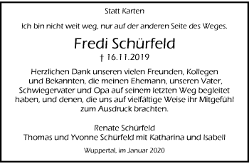 Traueranzeige von Fredi Schürfeld von trauer.wuppertaler-rundschau.de