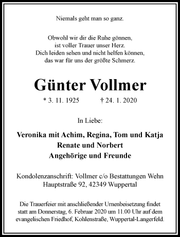 Traueranzeige von Günter Vollmer von trauer.wuppertaler-rundschau.de