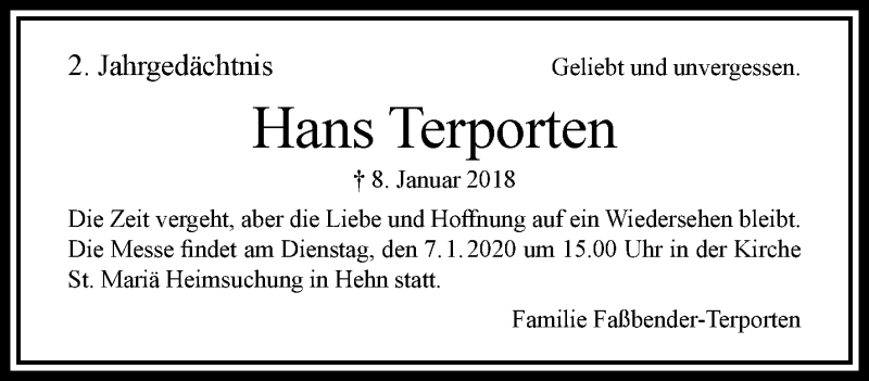  Traueranzeige für Hans Terporten vom 05.01.2020 aus trauer.extra-tipp-moenchengladbach.de