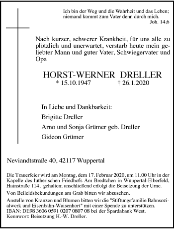Traueranzeige von Horst-Werner Dreller von trauer.wuppertaler-rundschau.de