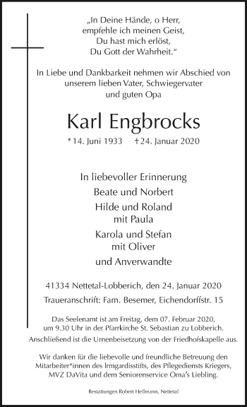 Traueranzeige von Karl Engbrocks von trauer.extra-tipp-moenchengladbach.de