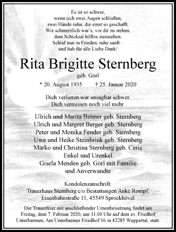 Traueranzeige von Rita Brigitte Sternberg von trauer.wuppertaler-rundschau.de