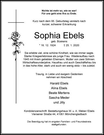 Traueranzeige von Sophia Ebels von trauer.extra-tipp-moenchengladbach.de