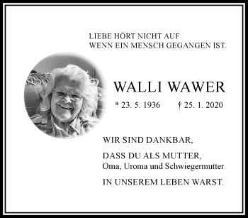 Traueranzeige von Walli Wawer von trauer.extra-tipp-moenchengladbach.de