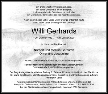 Traueranzeige von Willi Gerhards von trauer.extra-tipp-moenchengladbach.de
