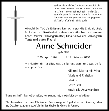 Traueranzeige von Anne Schneider von trauer.extra-tipp-moenchengladbach.de