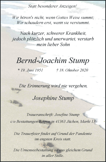 Traueranzeige von Bernd-Joachim Stump von trauer.stadt-kurier.de