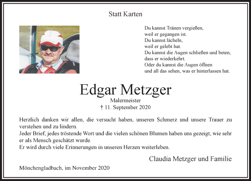  Traueranzeige für Edgar Metzger vom 01.11.2020 aus trauer.extra-tipp-moenchengladbach.de
