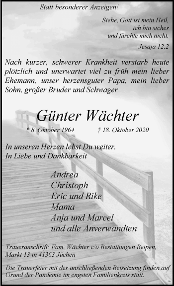 Traueranzeige von Günter Wächter von trauer.stadt-kurier.de