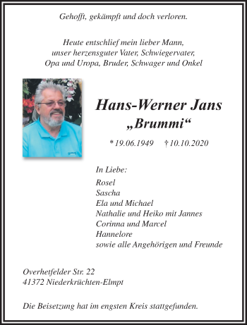 Traueranzeige von Hans-Werner Jans von trauer.extra-tipp-moenchengladbach.de