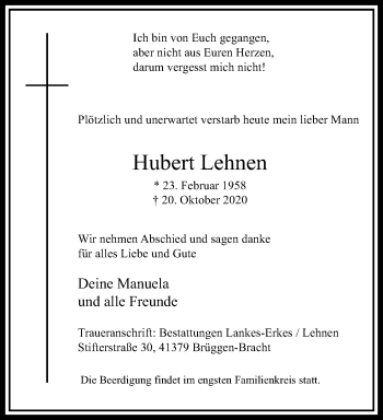 Traueranzeige von Hubert Lehnen von trauer.extra-tipp-moenchengladbach.de