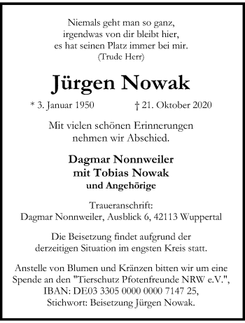 Traueranzeige von Jürgen Nowak von trauer.wuppertaler-rundschau.de