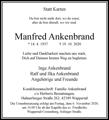 Traueranzeige von Manfred Ankenbrand von trauer.wuppertaler-rundschau.de