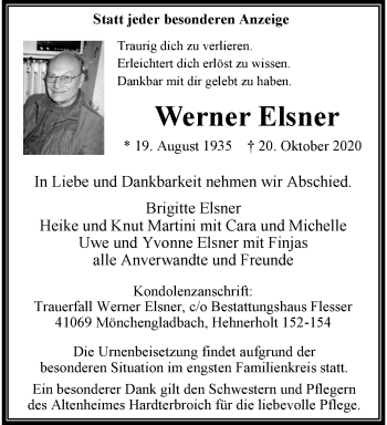 Traueranzeige von Werner Elsner von trauer.extra-tipp-moenchengladbach.de