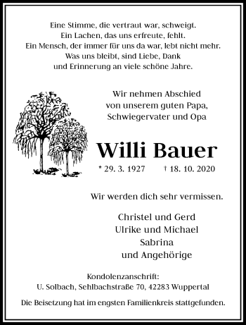 Traueranzeige von Willi Bauer von trauer.wuppertaler-rundschau.de