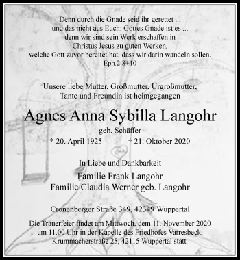 Traueranzeige von Agnes Anna Sybilla Langohr von trauer.wuppertaler-rundschau.de
