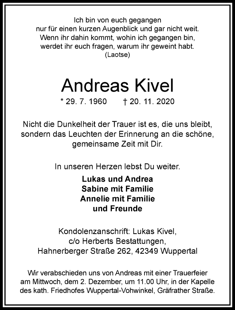  Traueranzeige für Andreas Kivel vom 28.11.2020 aus trauer.wuppertaler-rundschau.de