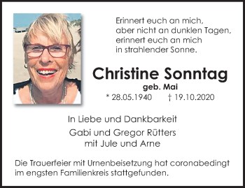 Traueranzeige von Christine Sonntag von trauer.extra-tipp-moenchengladbach.de