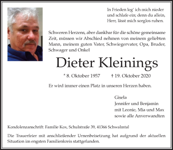 Traueranzeige von Dieter Kleinings von trauer.extra-tipp-moenchengladbach.de