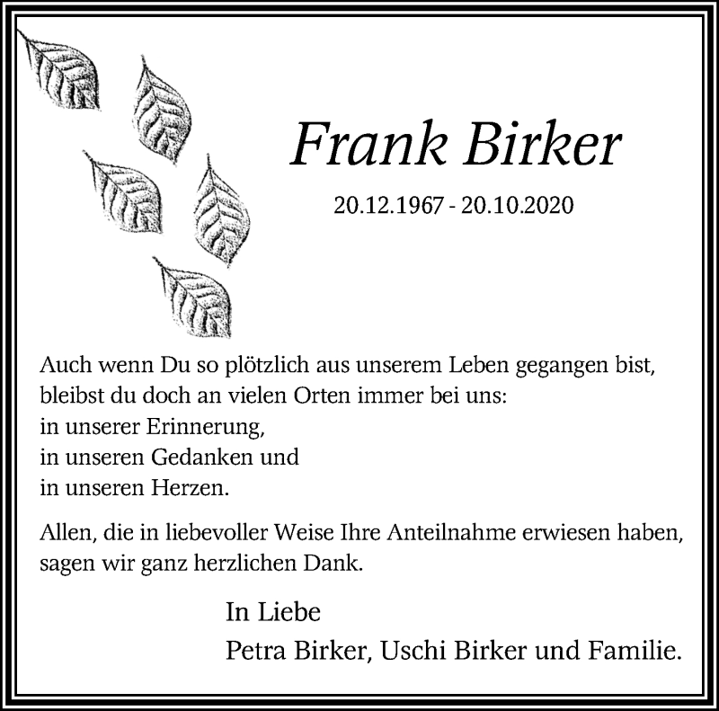  Traueranzeige für Frank Birker vom 08.11.2020 aus trauer.extra-tipp-moenchengladbach.de