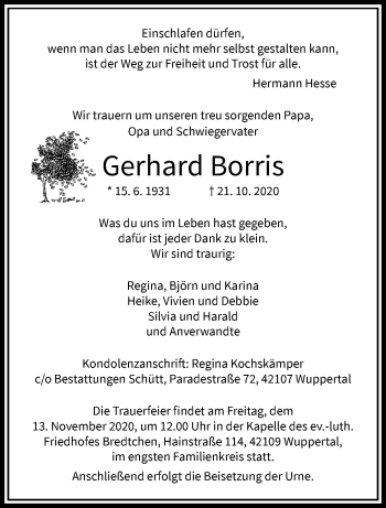 Traueranzeige von Gerhard Borris von trauer.wuppertaler-rundschau.de