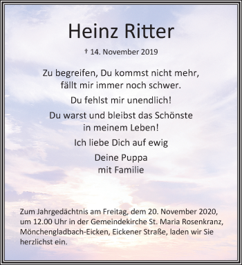 Traueranzeige von Heinz Ritter von trauer.extra-tipp-moenchengladbach.de