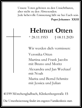 Traueranzeige von Helmut Otten von trauer.extra-tipp-moenchengladbach.de