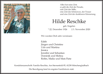 Traueranzeige von Hilde Reschke von trauer.extra-tipp-moenchengladbach.de