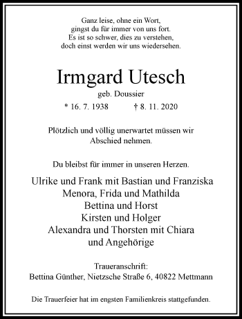 Traueranzeige von Irmgard Utesch von trauer.wuppertaler-rundschau.de