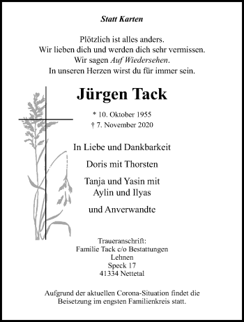 Traueranzeige von Jürgen Tack von trauer.extra-tipp-moenchengladbach.de