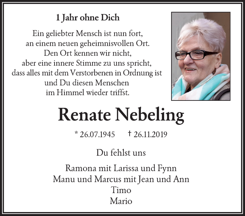  Traueranzeige für Renate Nebeling vom 28.11.2020 aus trauer.wuppertaler-rundschau.de