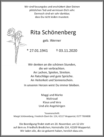 Traueranzeige von Rita Schönenberg von trauer.wuppertaler-rundschau.de