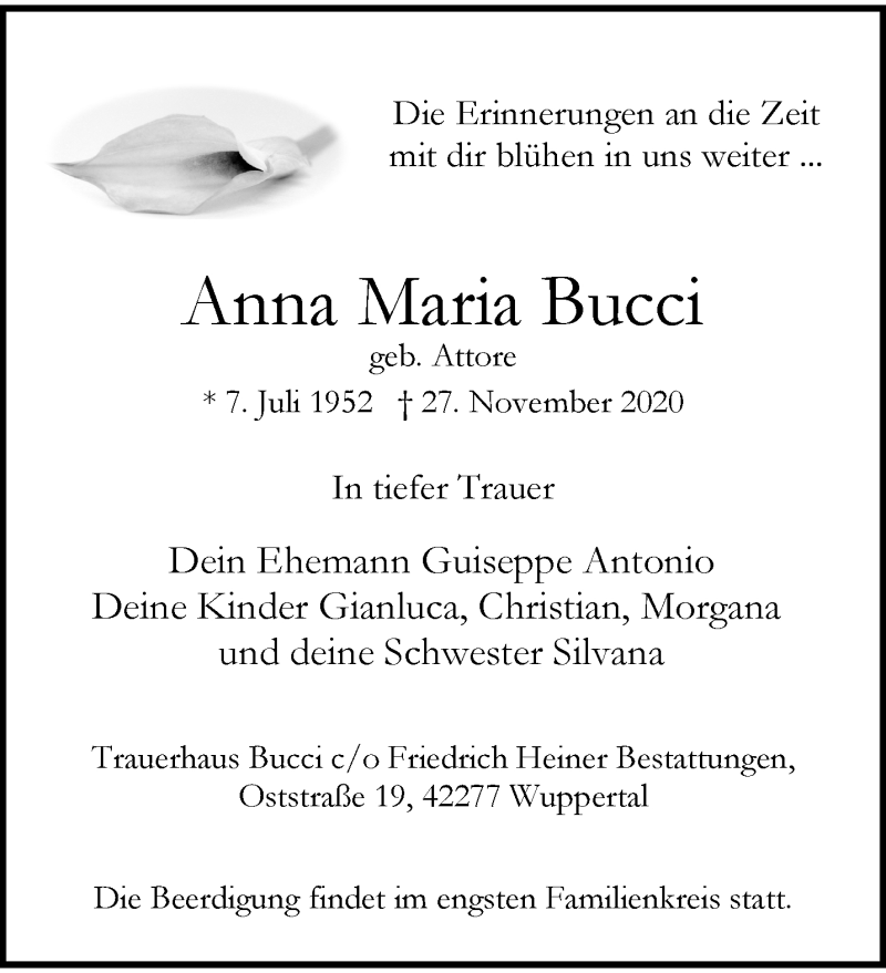  Traueranzeige für Anna Maria Bucci vom 05.12.2020 aus trauer.wuppertaler-rundschau.de