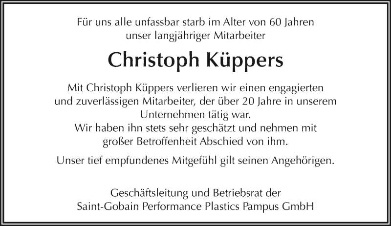  Traueranzeige für Christoph Küppers vom 06.12.2020 aus trauer.extra-tipp-moenchengladbach.de