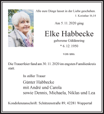 Traueranzeige von Elke Habbeck von trauer.wuppertaler-rundschau.de