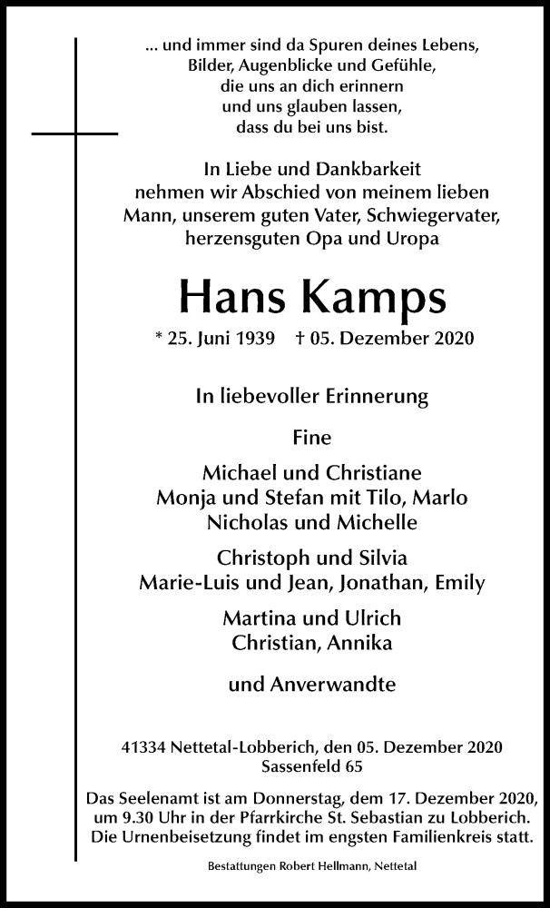  Traueranzeige für Hans Kamps vom 13.12.2020 aus trauer.extra-tipp-moenchengladbach.de