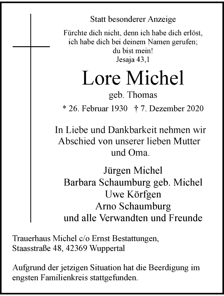  Traueranzeige für Lore Michel vom 19.12.2020 aus trauer.wuppertaler-rundschau.de