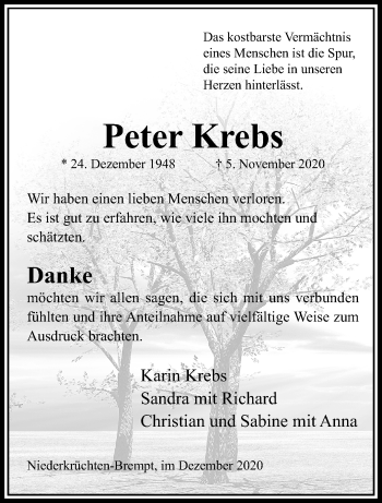 Traueranzeige von Peter Krebs von trauer.extra-tipp-moenchengladbach.de