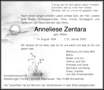 Traueranzeige von Anneliese Zentara von trauer.extra-tipp-moenchengladbach.de