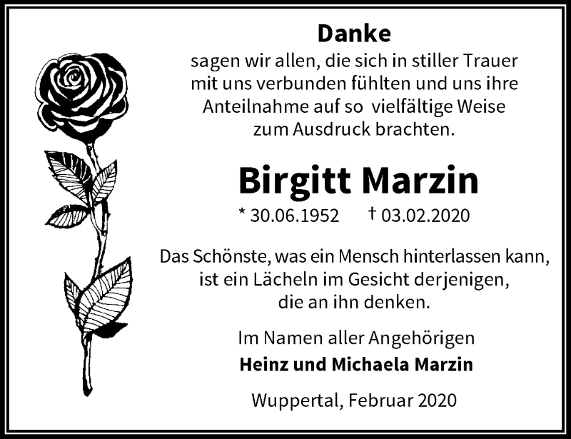  Traueranzeige für Birgitt Marzin vom 26.02.2020 aus trauer.wuppertaler-rundschau.de