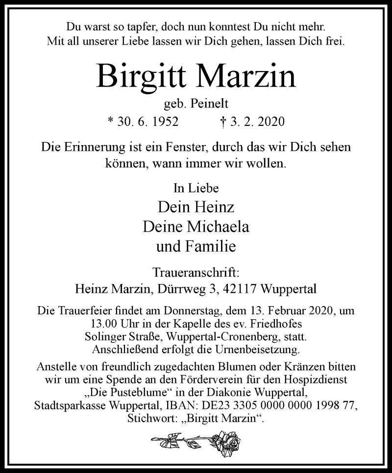  Traueranzeige für Birgitt Marzin vom 08.02.2020 aus trauer.wuppertaler-rundschau.de