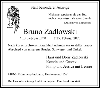 Traueranzeige von Bruno Zadlowski von trauer.extra-tipp-moenchengladbach.de
