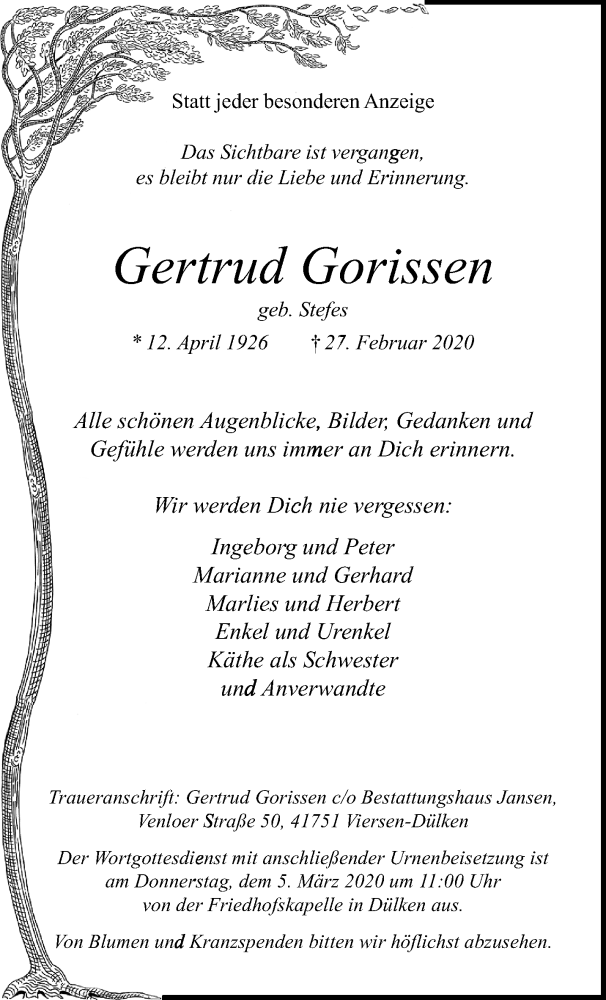  Traueranzeige für Gertrud Gorissen vom 01.03.2020 aus trauer.extra-tipp-moenchengladbach.de