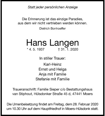 Traueranzeige von Hans Langen von trauer.stadt-panorame.de