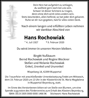 Traueranzeige von Hans Rochowiak von trauer.wuppertaler-rundschau.de