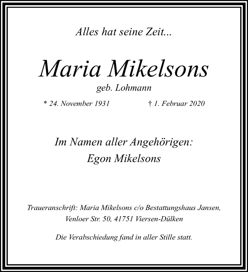  Traueranzeige für Maria Mikelsons vom 09.02.2020 aus trauer.extra-tipp-moenchengladbach.de