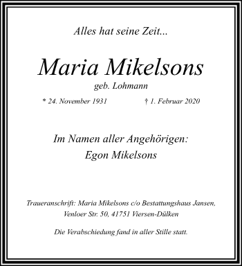 Traueranzeige von Maria Mikelsons von trauer.extra-tipp-moenchengladbach.de