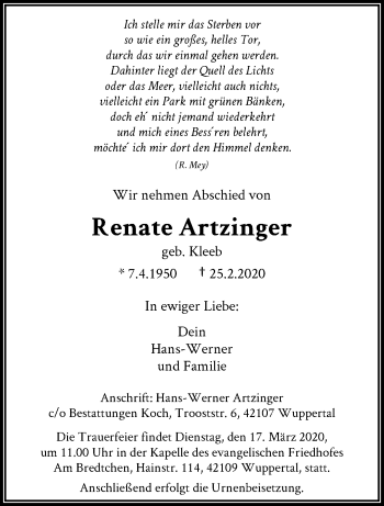Traueranzeige von Renate Artzinger von trauer.wuppertaler-rundschau.de