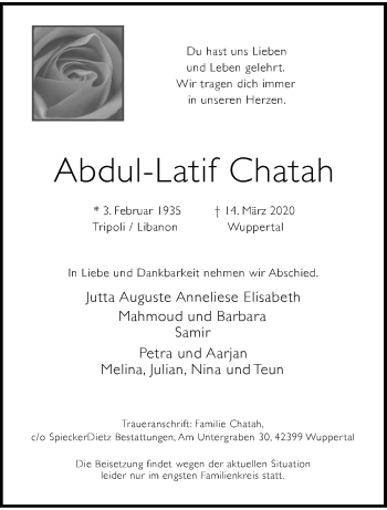 Traueranzeige von Abdul-Latif Chatah von trauer.wuppertaler-rundschau.de