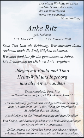 Traueranzeige von Anake Ritz von trauer.stadt-kurier.de
